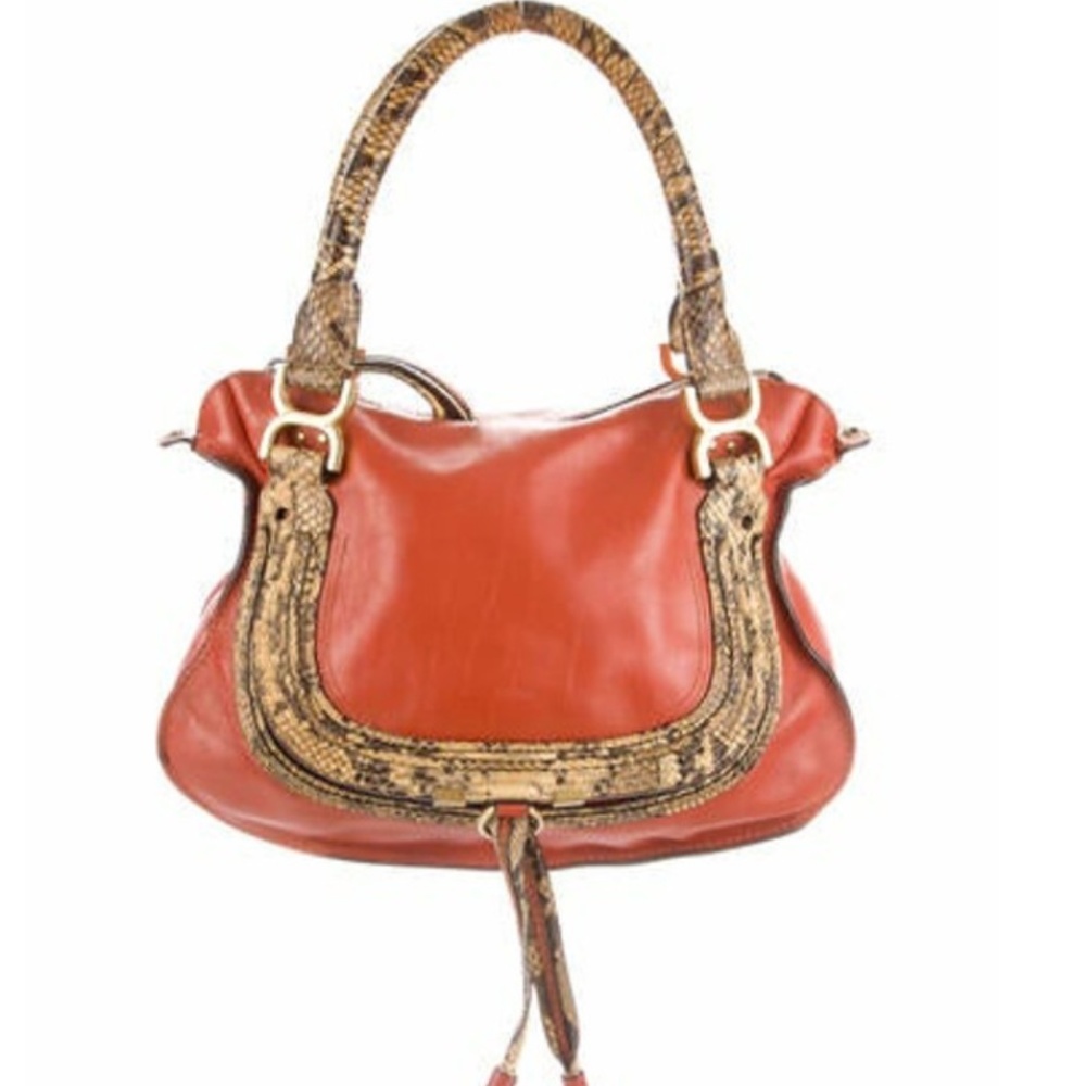 Chloé Python-Trimmed Leather Marcie Bag Orange